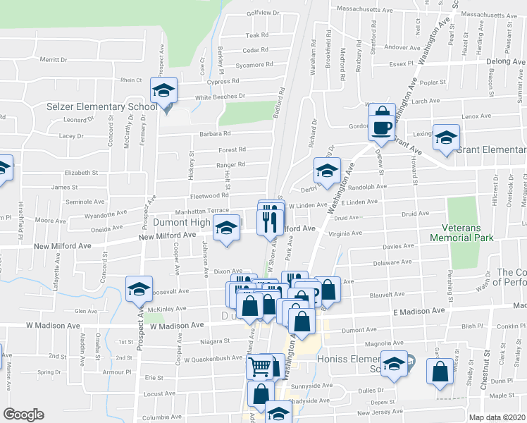 map of restaurants, bars, coffee shops, grocery stores, and more near 27 Bedford Road in Dumont