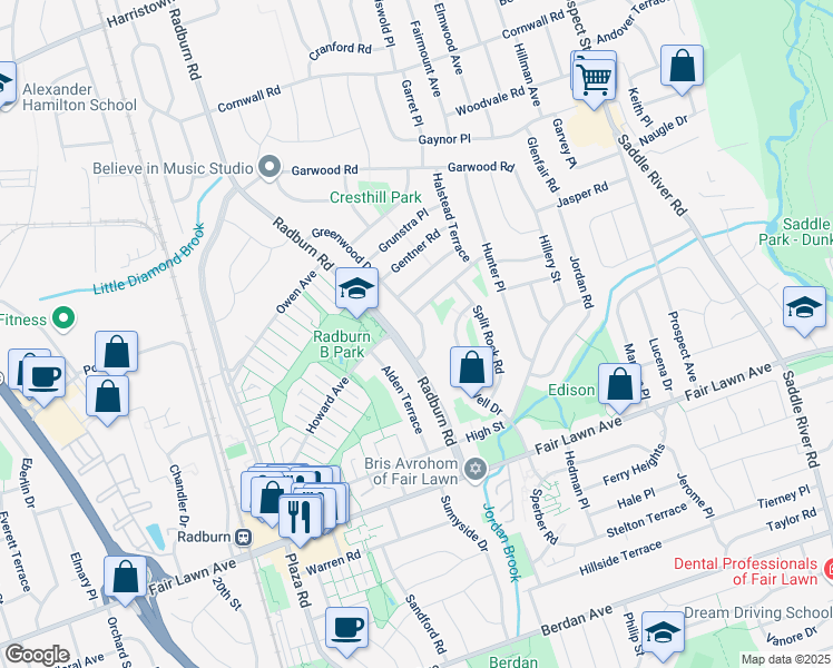 map of restaurants, bars, coffee shops, grocery stores, and more near 17-12 Greenwood Drive in Fair Lawn
