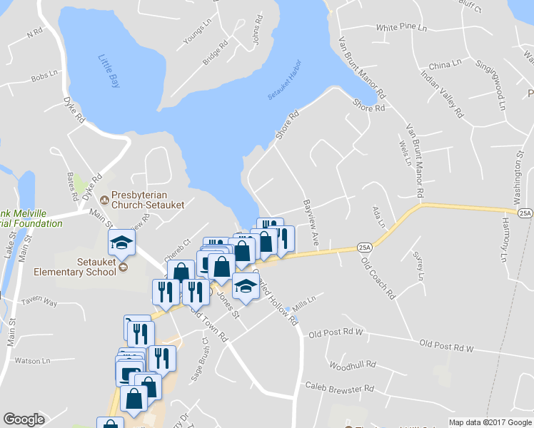 map of restaurants, bars, coffee shops, grocery stores, and more near 44 Shore Road in Setauket- East Setauket