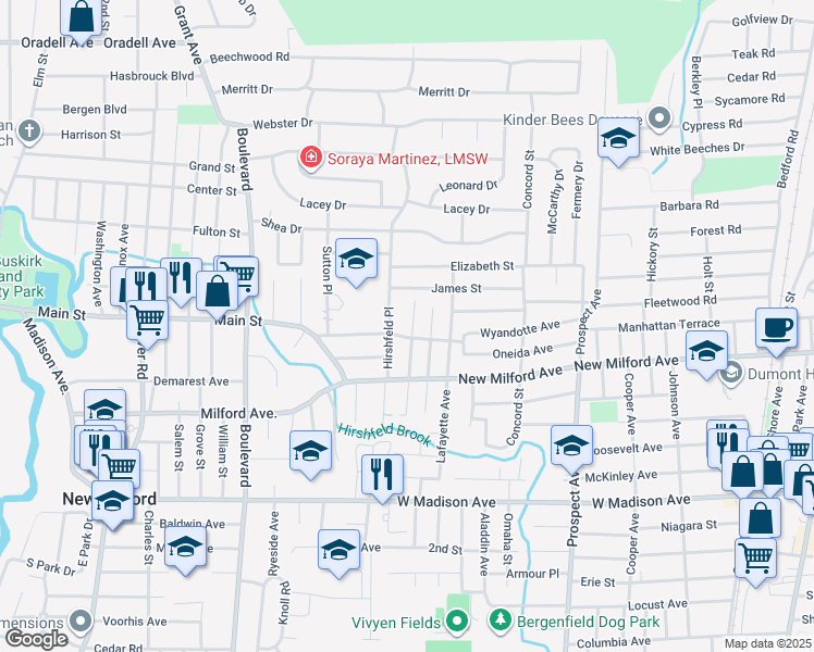 map of restaurants, bars, coffee shops, grocery stores, and more near 92 Lawrence Avenue in Dumont