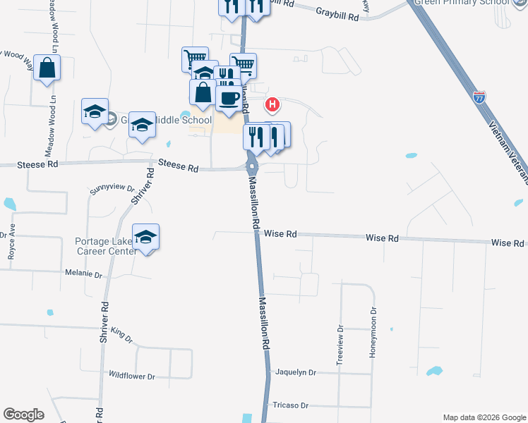 map of restaurants, bars, coffee shops, grocery stores, and more near 4261 Massillon Road in North Canton