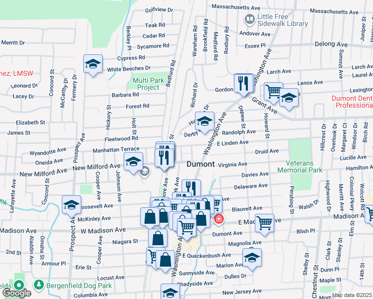 map of restaurants, bars, coffee shops, grocery stores, and more near 45 W Linden Ave in Dumont