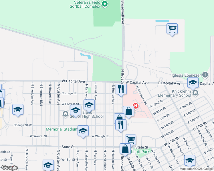 map of restaurants, bars, coffee shops, grocery stores, and more near 2421 North Grand Island Avenue in Grand Island
