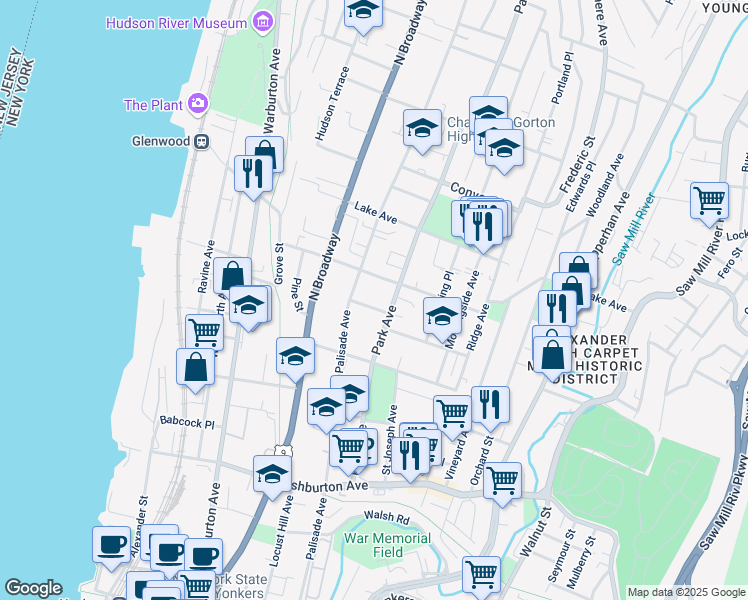 map of restaurants, bars, coffee shops, grocery stores, and more near 17 Delavan Terrace in Yonkers