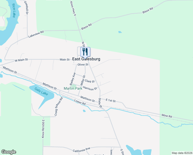 map of restaurants, bars, coffee shops, grocery stores, and more near 193-299 County Highway 9 in East Galesburg