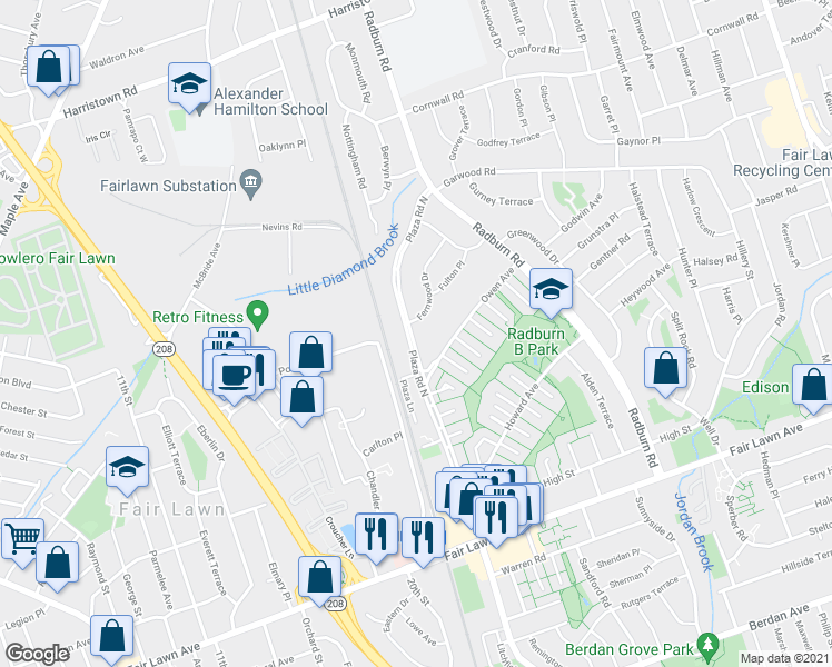 map of restaurants, bars, coffee shops, grocery stores, and more near 365 Plaza Road North in Fair Lawn