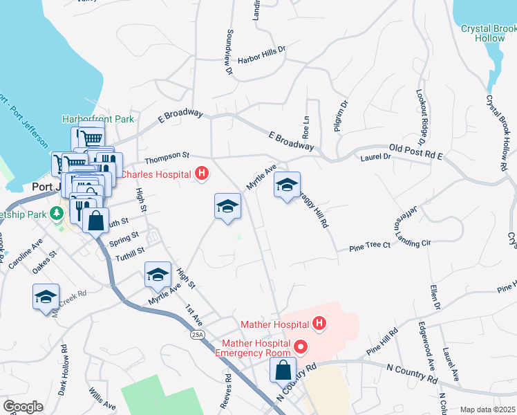 map of restaurants, bars, coffee shops, grocery stores, and more near 655 Belle Terre Road in Port Jefferson