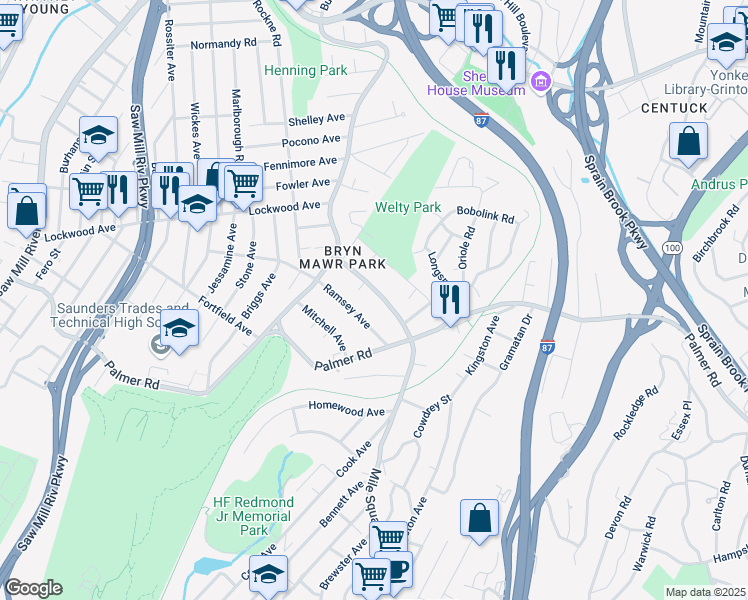 map of restaurants, bars, coffee shops, grocery stores, and more near 306 Mile Square Road in Yonkers