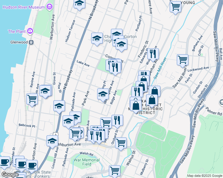 map of restaurants, bars, coffee shops, grocery stores, and more near 217 Ridge Avenue in Yonkers