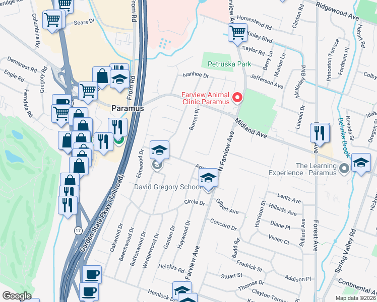 map of restaurants, bars, coffee shops, grocery stores, and more near 372 Burnet Place in Paramus
