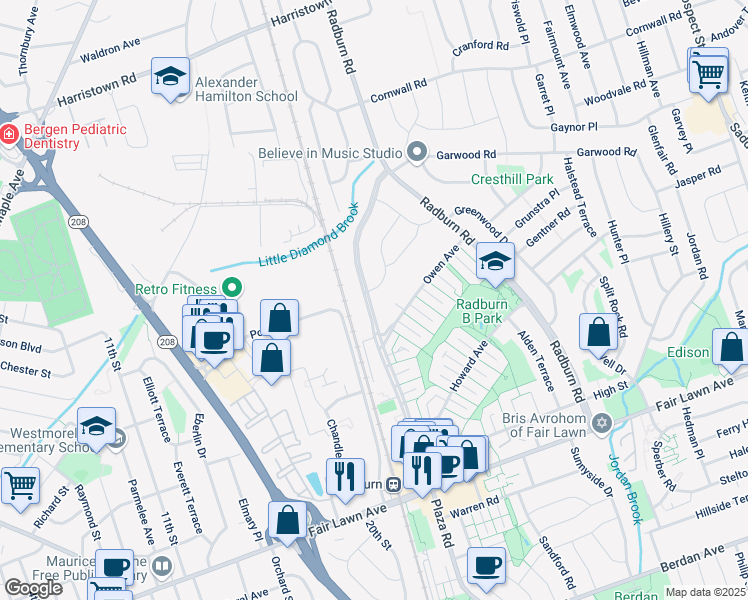 map of restaurants, bars, coffee shops, grocery stores, and more near 365 Plaza Road North in Fair Lawn