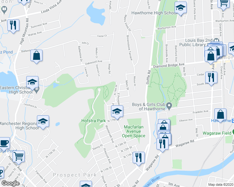 map of restaurants, bars, coffee shops, grocery stores, and more near 24 North 19th Street in Hawthorne