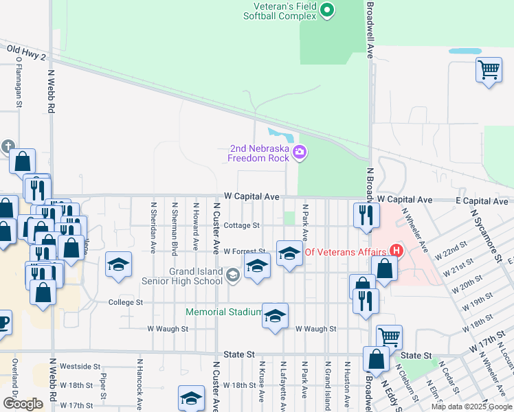 map of restaurants, bars, coffee shops, grocery stores, and more near 2431 North Kruse Avenue in Grand Island