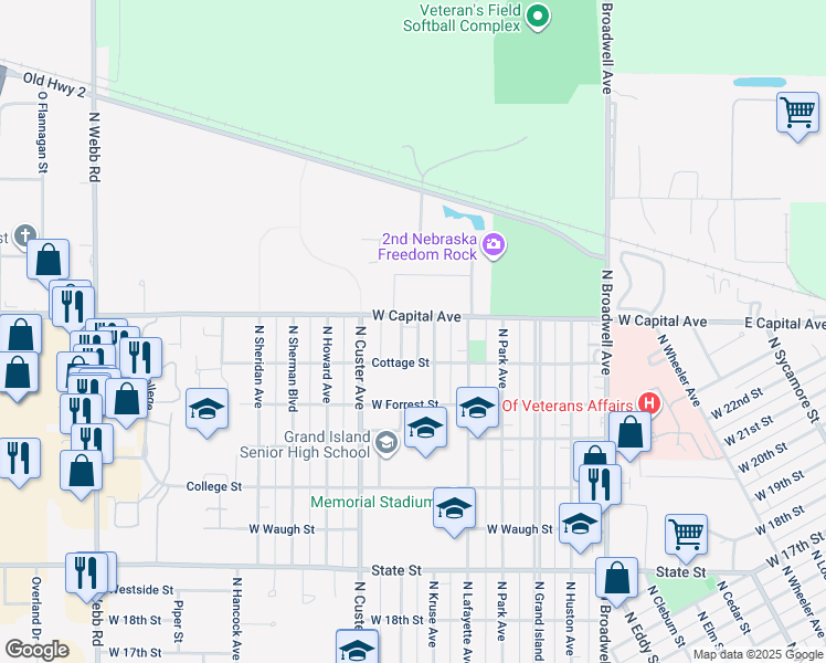 map of restaurants, bars, coffee shops, grocery stores, and more near 2428 Taylor Avenue in Grand Island