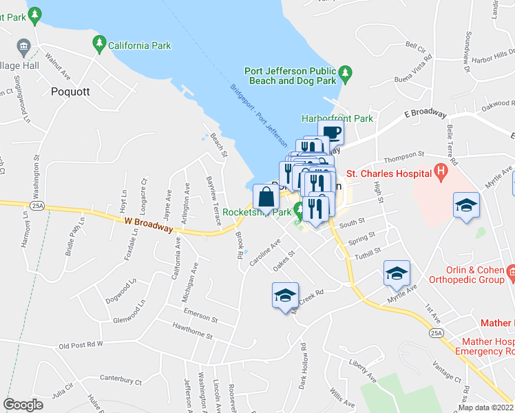map of restaurants, bars, coffee shops, grocery stores, and more near 137 West Broadway in Port Jefferson