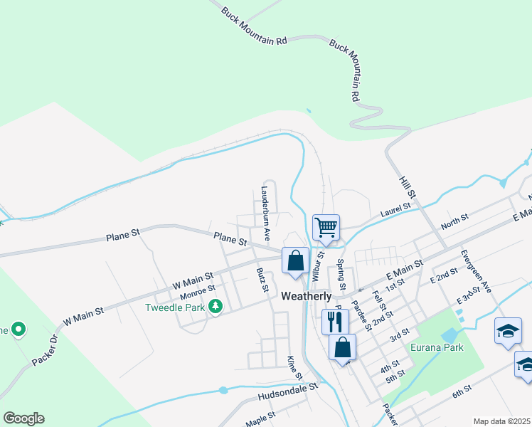 map of restaurants, bars, coffee shops, grocery stores, and more near Lily Alley in Weatherly