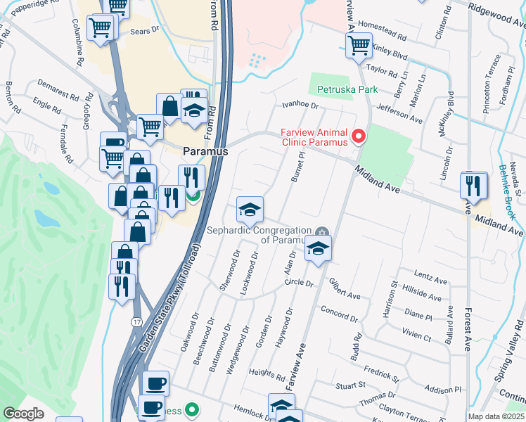 map of restaurants, bars, coffee shops, grocery stores, and more near 95 Arnot Place in Paramus