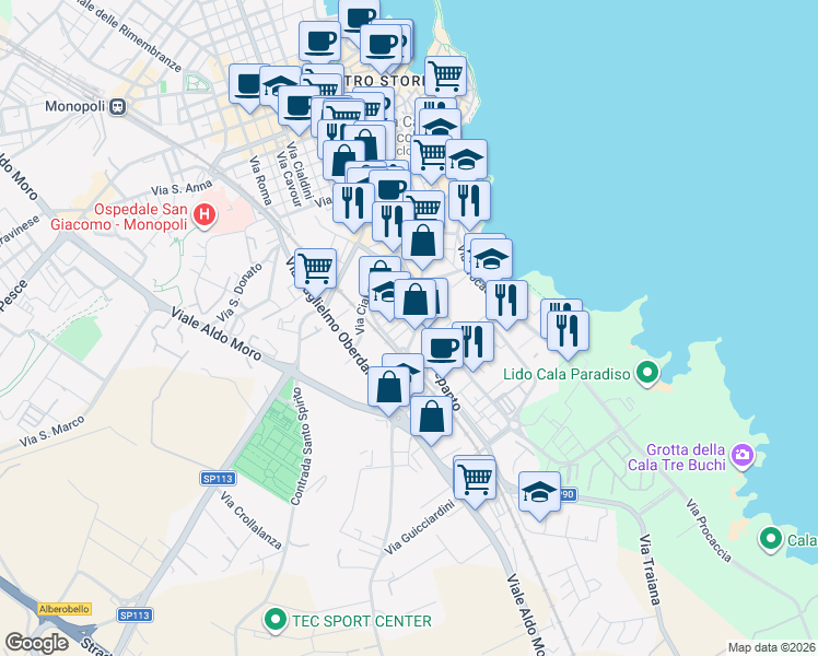 map of restaurants, bars, coffee shops, grocery stores, and more near 65 Via Lepanto in Monopoli