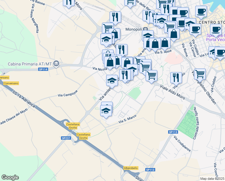 map of restaurants, bars, coffee shops, grocery stores, and more near 7 Via Giuseppe Verdi in Monopoli