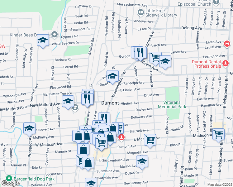 map of restaurants, bars, coffee shops, grocery stores, and more near 314 Washington Avenue in Dumont