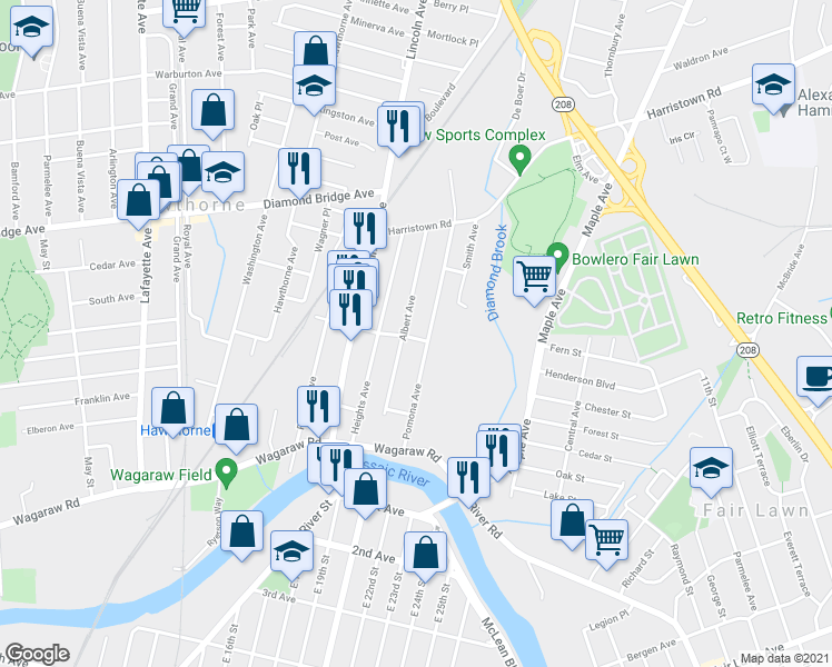 map of restaurants, bars, coffee shops, grocery stores, and more near 37 Loretto Avenue in Fair Lawn