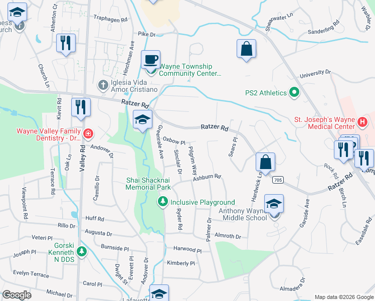 map of restaurants, bars, coffee shops, grocery stores, and more near 8 Pilgrim Way in Wayne