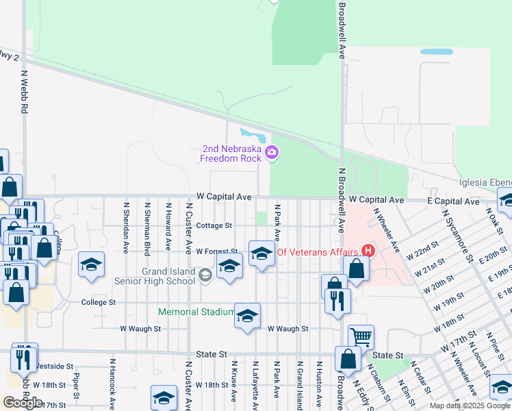 map of restaurants, bars, coffee shops, grocery stores, and more near 2421 N Lafayette Ave in Grand Island