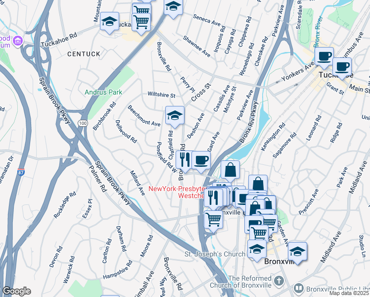 map of restaurants, bars, coffee shops, grocery stores, and more near 354 Bronxville Road in Yonkers