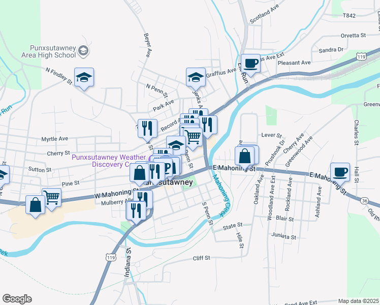 map of restaurants, bars, coffee shops, grocery stores, and more near 200-266 North Penn Street in Punxsutawney