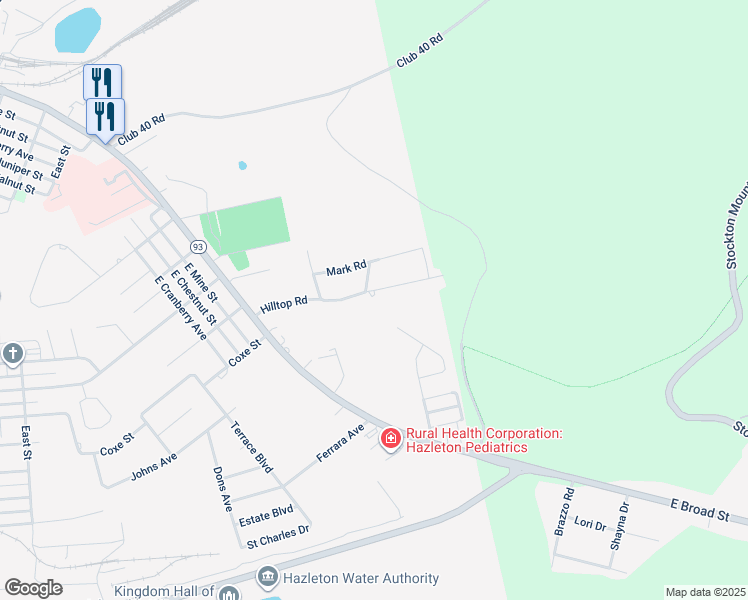 map of restaurants, bars, coffee shops, grocery stores, and more near 123 Hilltop Road in Hazleton
