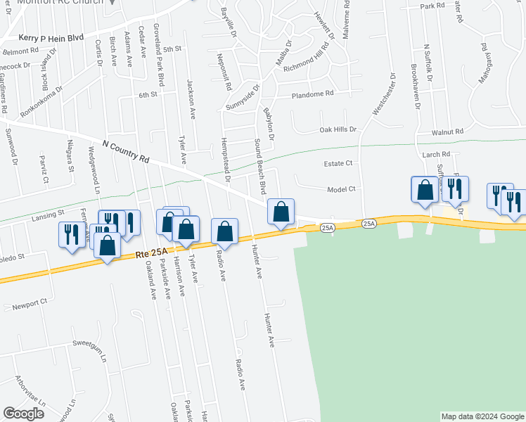 map of restaurants, bars, coffee shops, grocery stores, and more near 510 North Country Road in Miller Place