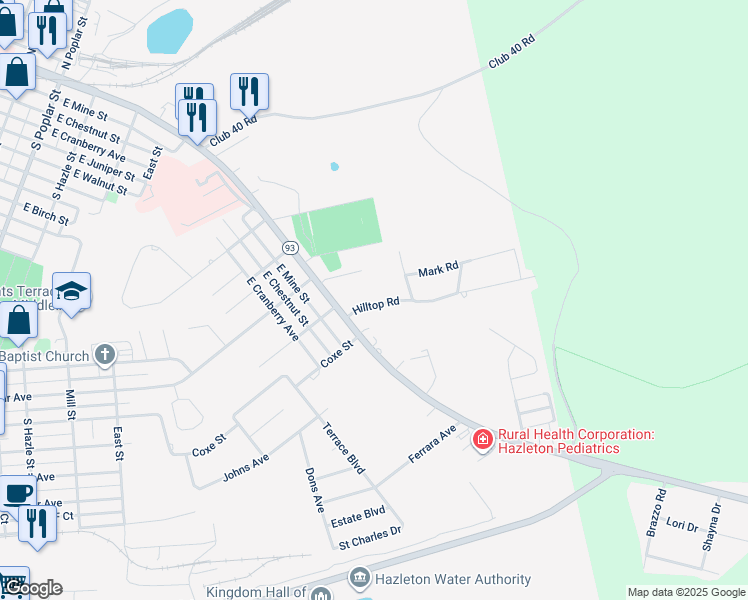 map of restaurants, bars, coffee shops, grocery stores, and more near 40 Hilltop Road in Hazleton