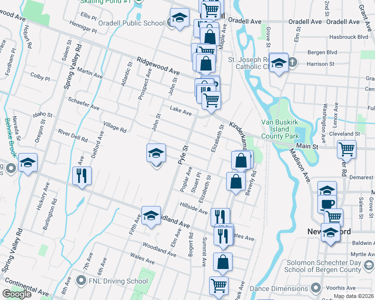 map of restaurants, bars, coffee shops, grocery stores, and more near 88 Pyle Street in Oradell
