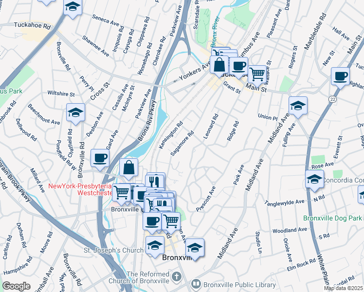 map of restaurants, bars, coffee shops, grocery stores, and more near 72 Sagamore Road in Bronxville