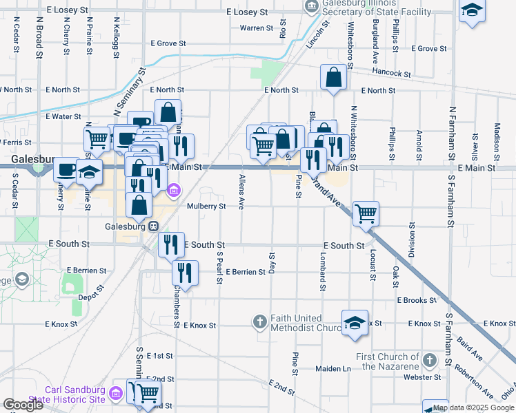 map of restaurants, bars, coffee shops, grocery stores, and more near 850 Mulberry Street in Galesburg