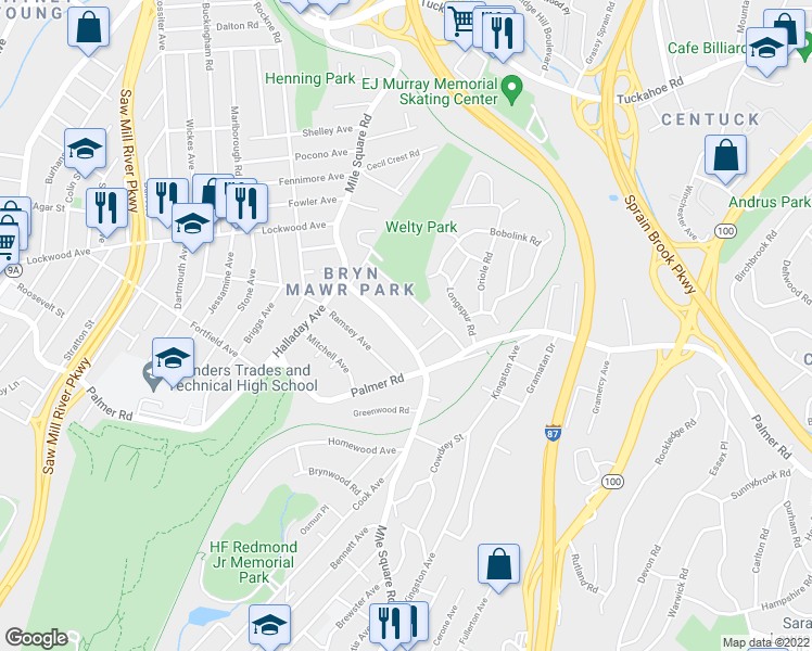 map of restaurants, bars, coffee shops, grocery stores, and more near 306 Mile Square Road in Yonkers