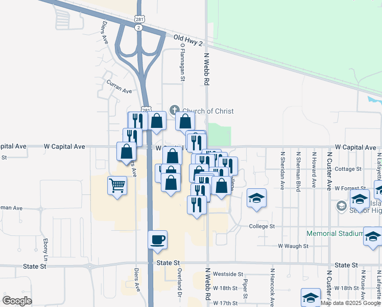 map of restaurants, bars, coffee shops, grocery stores, and more near 3359 West Capital Avenue in Grand Island