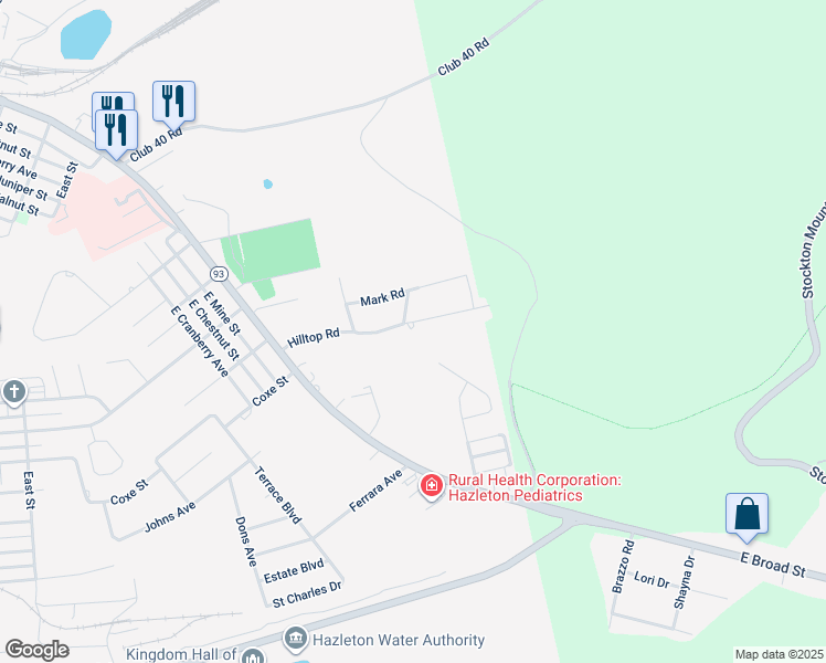 map of restaurants, bars, coffee shops, grocery stores, and more near 123 Hilltop Road in Hazleton