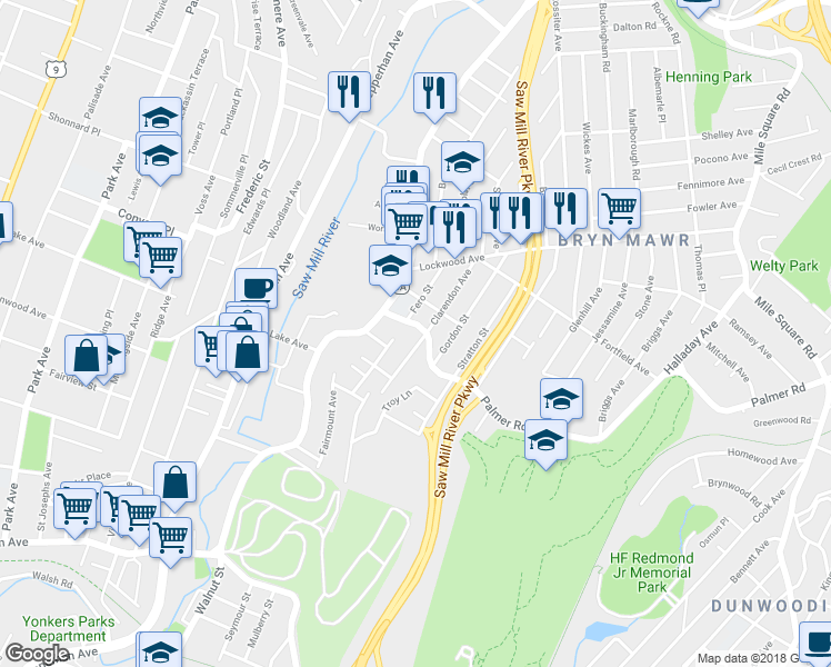 map of restaurants, bars, coffee shops, grocery stores, and more near 34 Palmer Road in Yonkers