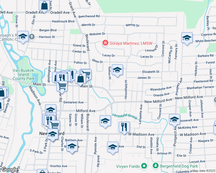 map of restaurants, bars, coffee shops, grocery stores, and more near 226 Sutton Place in New Milford