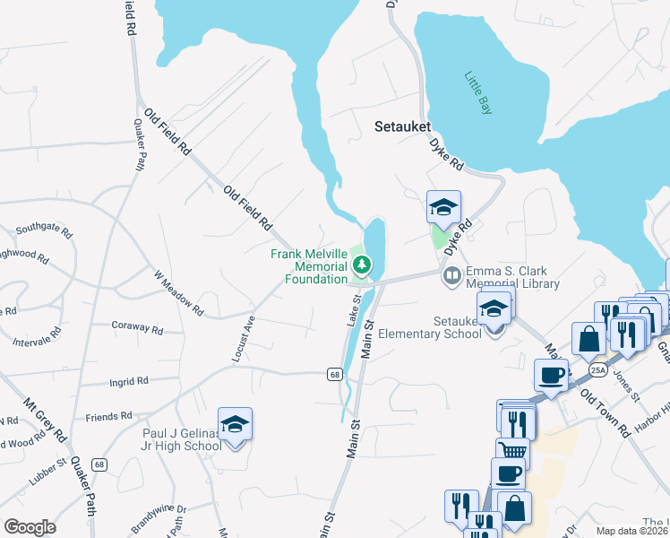 map of restaurants, bars, coffee shops, grocery stores, and more near 7 Old Field Road in Setauket- East Setauket
