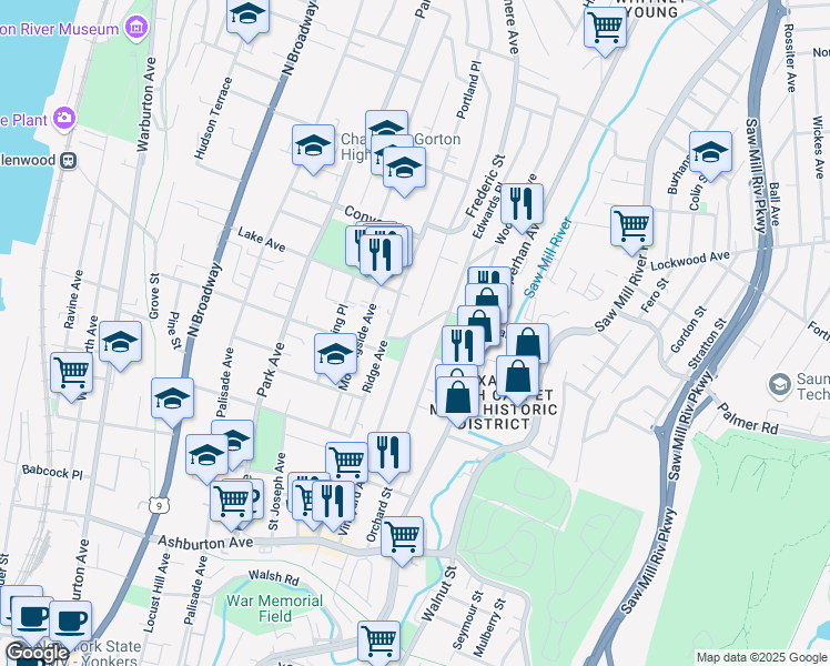 map of restaurants, bars, coffee shops, grocery stores, and more near 278 Father Finian Sullivan Drive in Yonkers