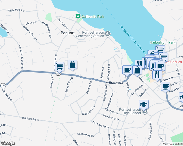 map of restaurants, bars, coffee shops, grocery stores, and more near 3 Longacre Court in Port Jefferson
