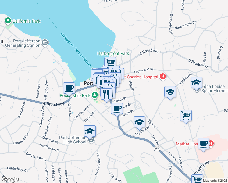 map of restaurants, bars, coffee shops, grocery stores, and more near 230 East Main Street in Port Jefferson
