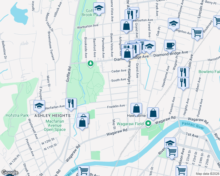 map of restaurants, bars, coffee shops, grocery stores, and more near May Street & Llewellyn Avenue in Hawthorne
