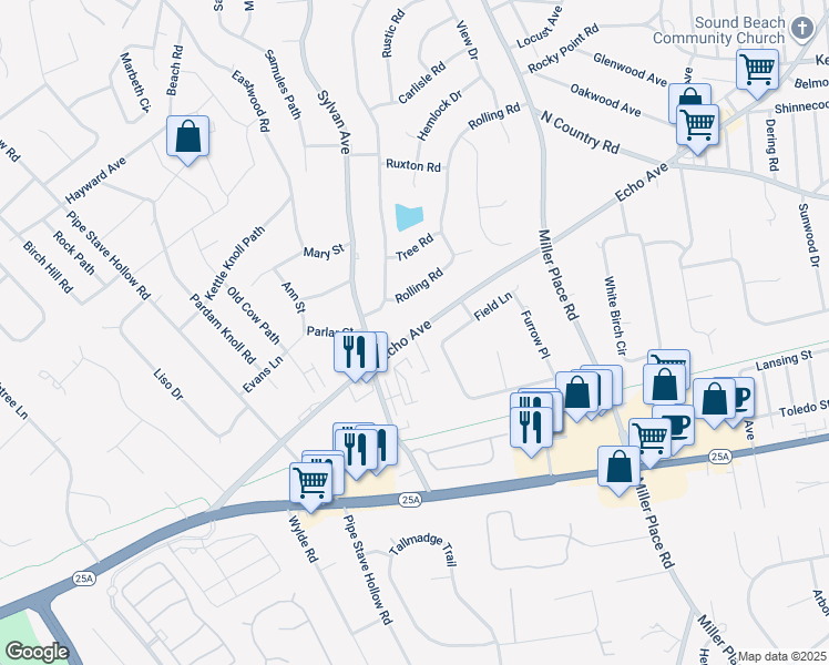 map of restaurants, bars, coffee shops, grocery stores, and more near 8 Miller Farms Drive in Miller Place