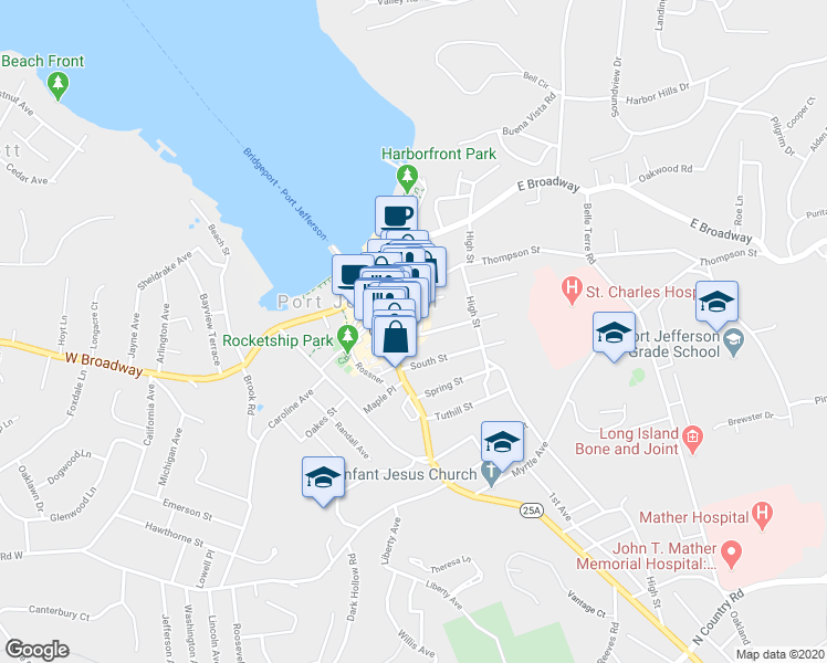 map of restaurants, bars, coffee shops, grocery stores, and more near 104 Prospect Street in Port Jefferson