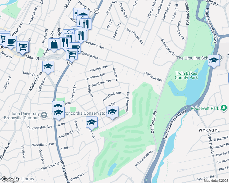 map of restaurants, bars, coffee shops, grocery stores, and more near 32 Deerfield Avenue in Eastchester