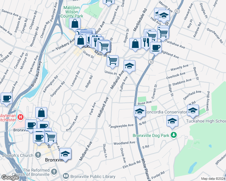 map of restaurants, bars, coffee shops, grocery stores, and more near 186 Midland Avenue in Tuckahoe