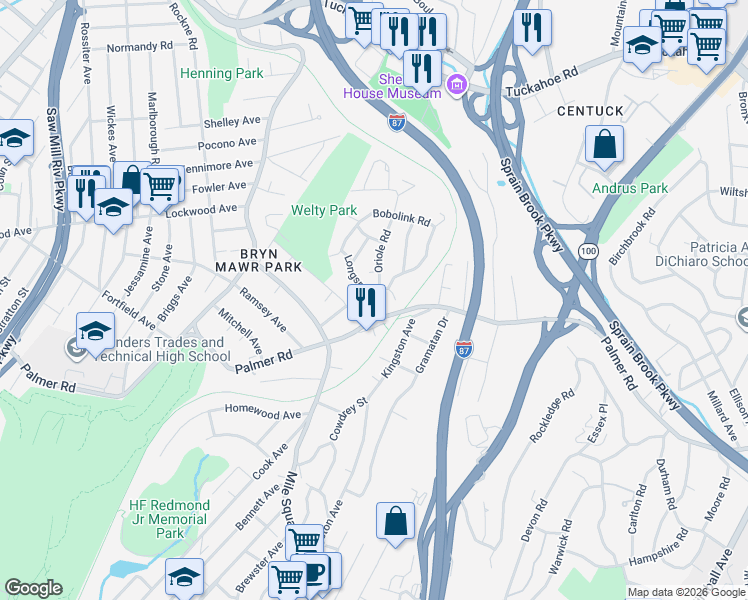 map of restaurants, bars, coffee shops, grocery stores, and more near 12 Longspur Road in Yonkers